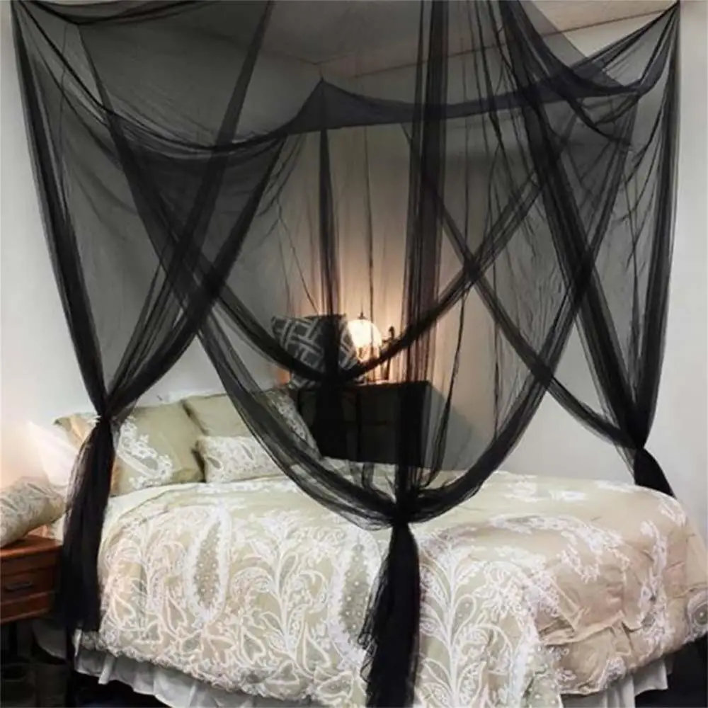 Mosquito Net Cotton Four-Door Sexy Square Canopy - King/Queen Double Bed Size, Elegant Black Palace Netting Prevent Insect Net