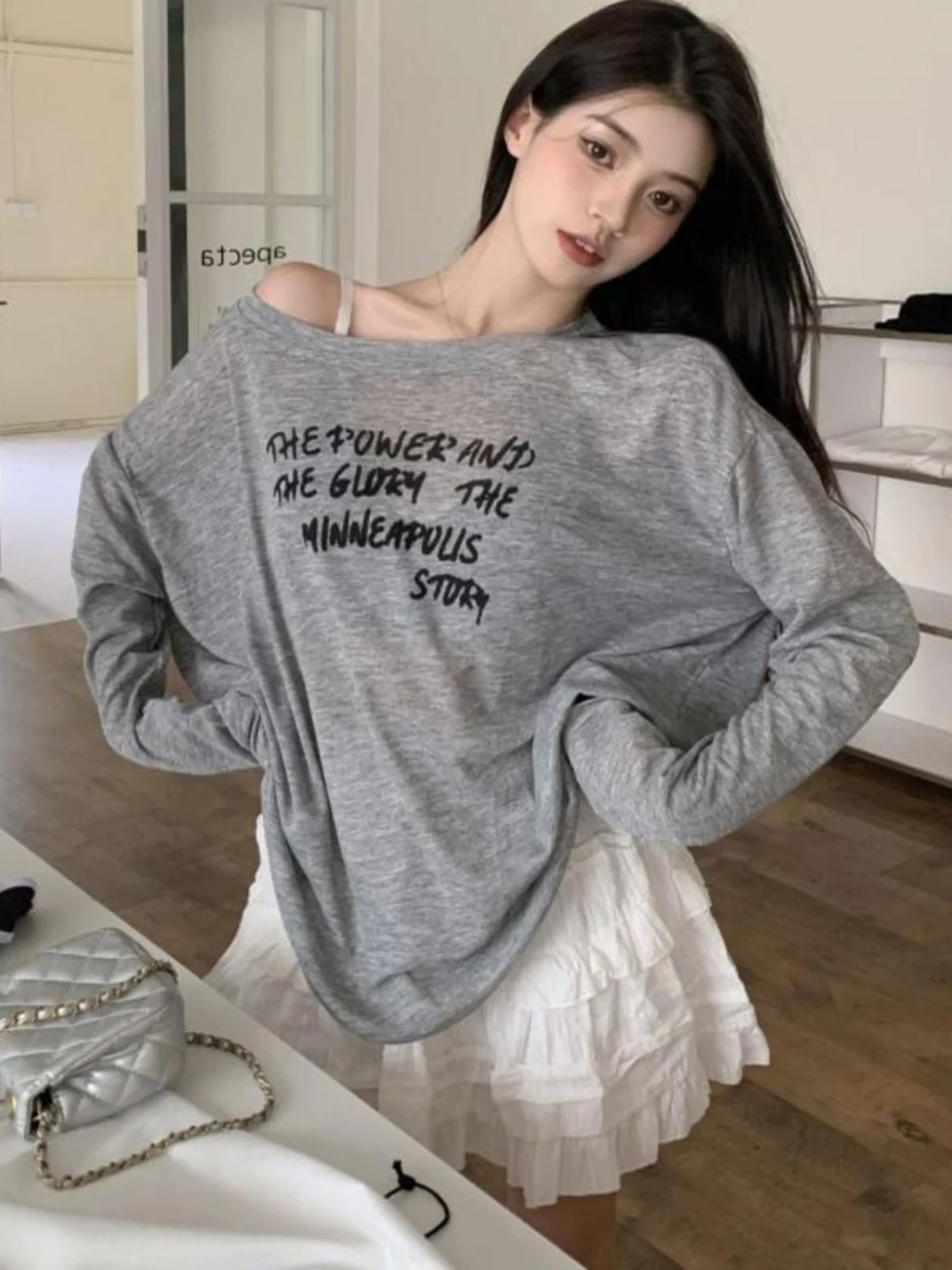 Ladies' Loose Fit Sun Protection T-Shirt Letter Print Semi-Transparent Slimming Shoulder Bared Small Top Korean Style Spring ...