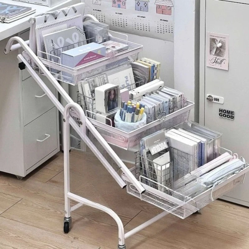 

Foldable flat lying wrought iron trolley student floor removable bookshelf book storage rack