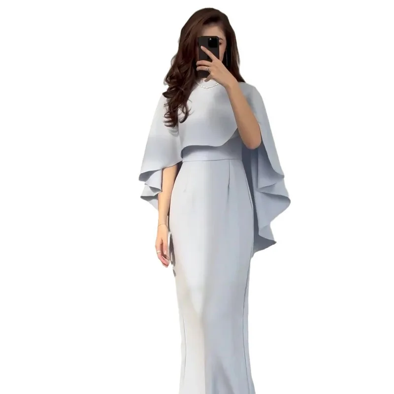 Superior Quality Texture New Solid Color Satin Bat Shawl Temperament Waist Cinching Long Sleeved Dress Women's Elegant Dress