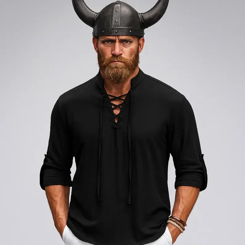 Herren Renaissance-Hemd Piraten-Mittelalterliches Wikinger-Oberteil Baumwollhemden Herren Langarm Halloween-Kostüm – Detail 4