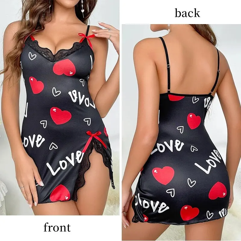 Lace Edge V-Neck Sling Side Split Sleepwear Women\'s Printed Love Letter Black Home Sling Dress Pajamas