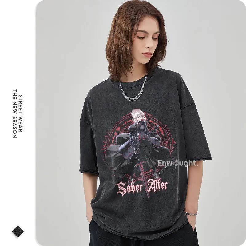 Saber T Shirt Anime Fate Rin Oversized Vintage Washed T-shirts Streetwear Retro Manga DTG Printing Tops Tees Men 100% Cotton