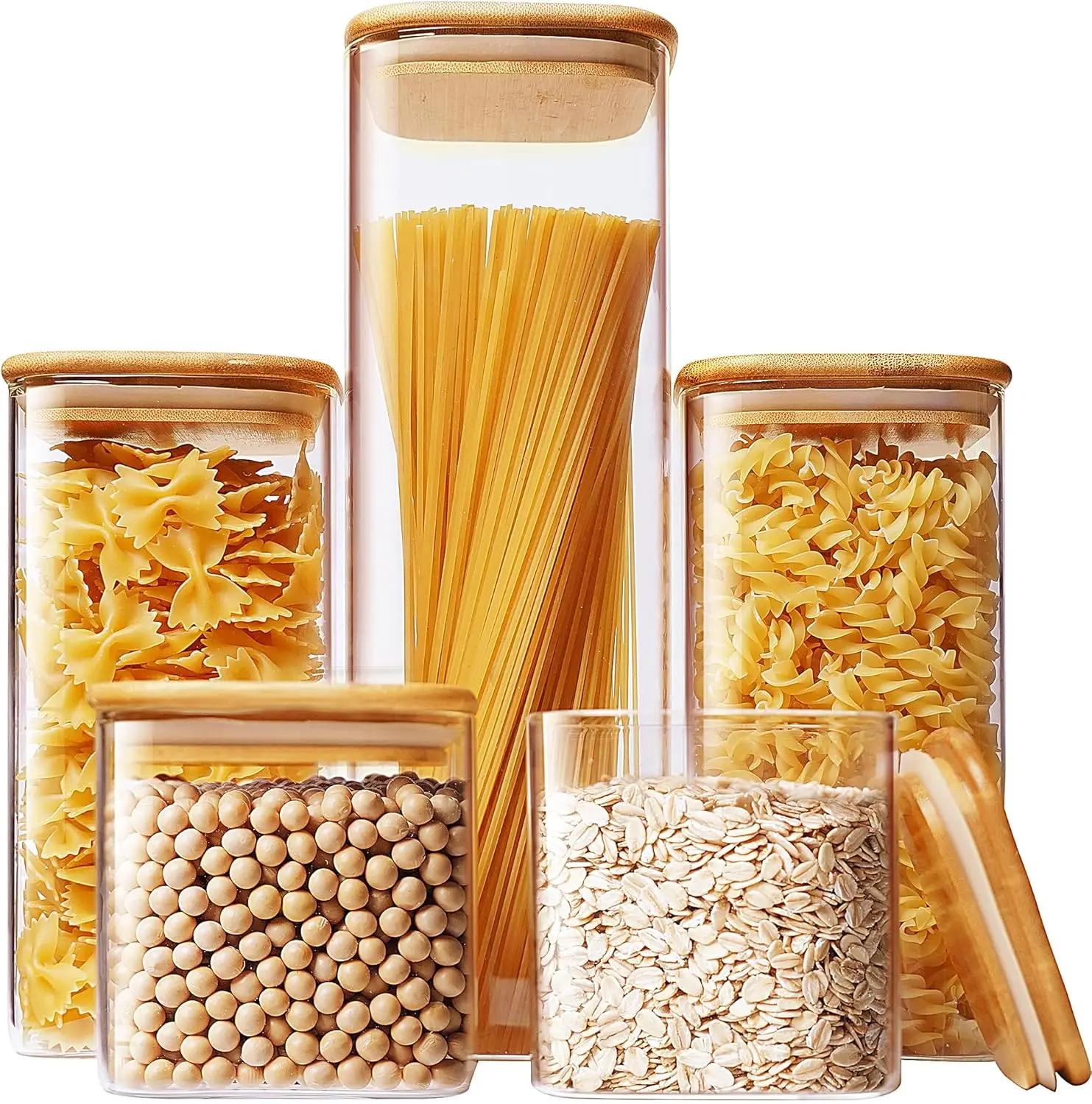 

Square Glass Jars with Bamboo Lids [Muti Size Set of 5], Glass Canisters with Airtight Lids, Glass Food Storage Contain