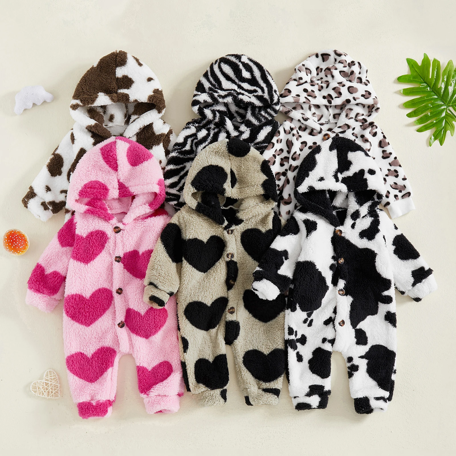 

SUNSIOM 0-12 Months Baby Boys Girls Plush Jumpsuit Long Sleeve Animal/Heart Print Hooded Jumpsuit Newborn Winter Romper