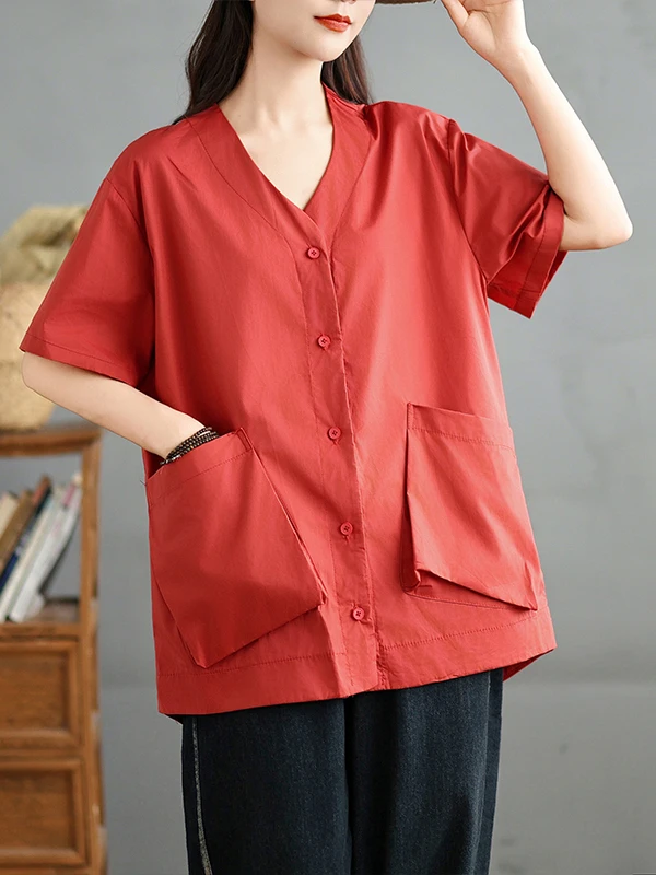 Loose Pure Color mujer irt verano Faion Big ket v-ne adelgazamiento longitud media coreano Sle Casual ropa de oficina