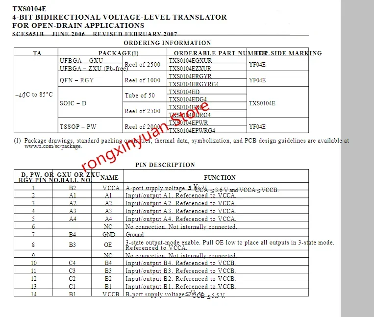 오픈 드레인 응용 100% 양방향 전압 레벨 변환기, TXS0104ERGYR YF04E, TXS0104E, 4 비트, 정품, 10-100 개