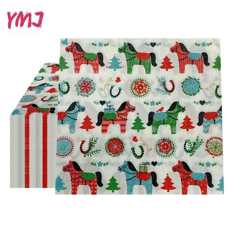 Christmas Colourful Pony Printed Paper Napkins Party Festive Disposable Paper Placemats Colourful Napkins 2-Ply 10/20pcs 33*33cm