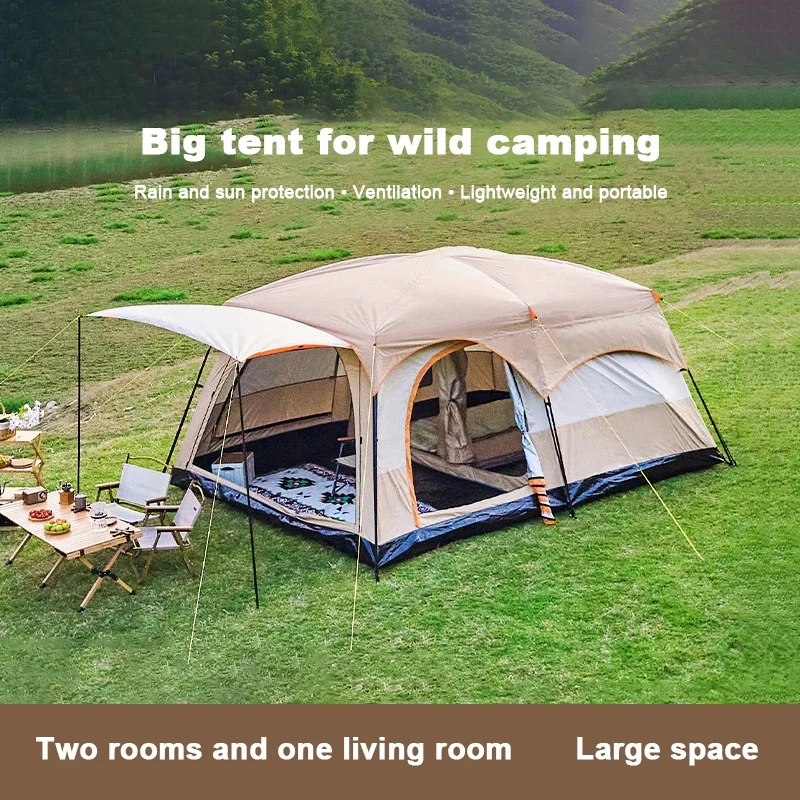 Big Space Outdoor Camping Tents 8-12 Persons Double Layers 2 Rooms 1 Living Room Luxury Waterproof Camping Tent