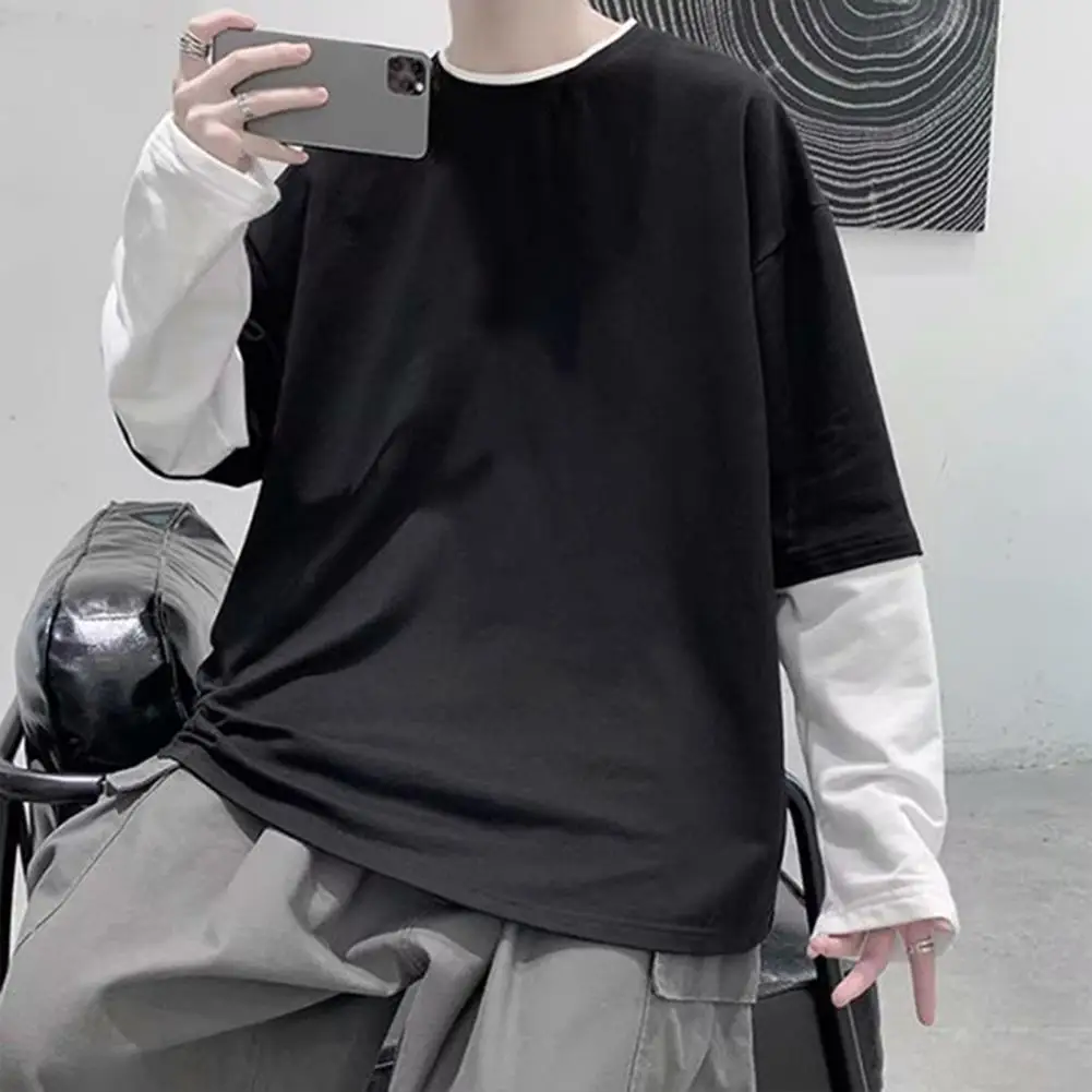 Chic Autumn Top Long Sleeves Oversized Hip Hop Comfortable Autumn Top  Loose Men T-shirt for Daily Wear