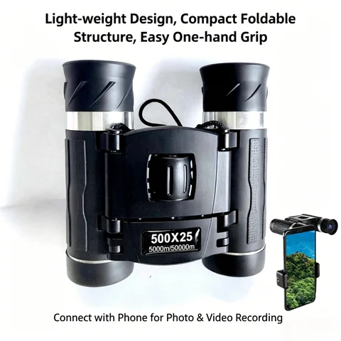 500x25 Mini HD Folding Binoculars Portable Long-Range BAK4 Prism FMC Optics Low-Light Performance for Camping Bird Watching