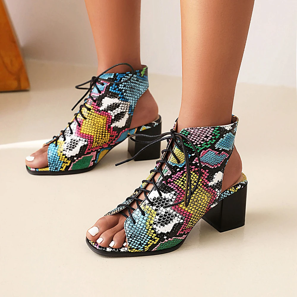 Women Stylish Sandals Boots Peep Toe Lace-Up Summer High Heels Thick Heel Woman Snake Print  Gladiator Shoes sandálias femininas