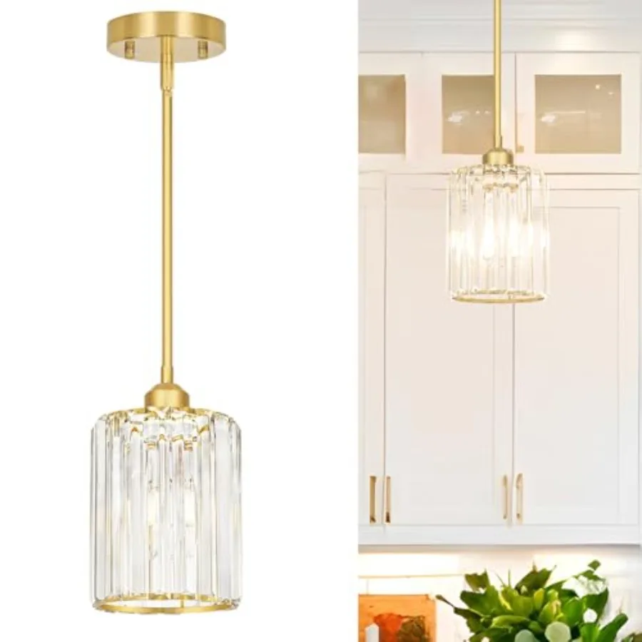 

Brushed Gold Kitchen Pendant Lights Over Island with Adjustable Rods - Crystal Pendant Lighting Fixtures for Sloped Ceiling Ide