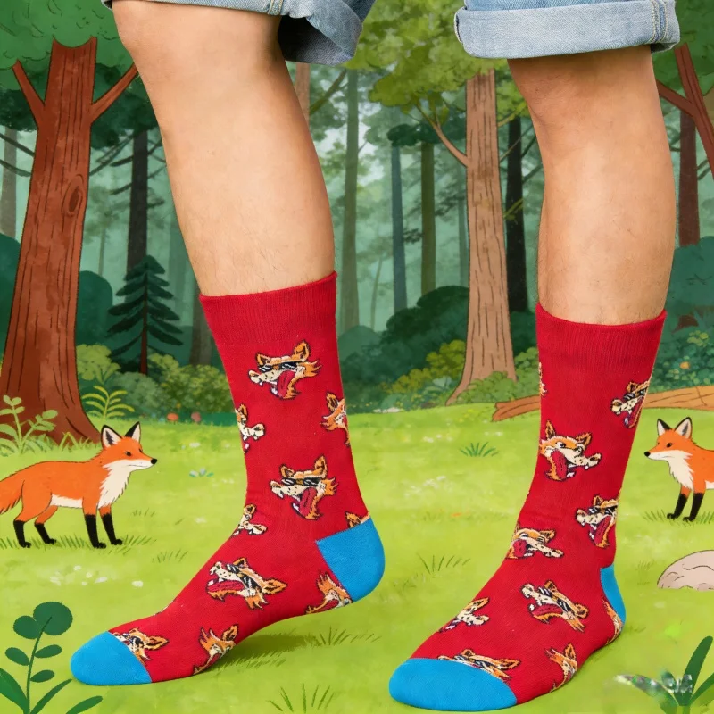 1 Paar rote Herrensocken mit Cartoon-Fuchs-Aufdruck, bis zur Mitte der Wade, trendige Freizeitsocken mit blauem Rand