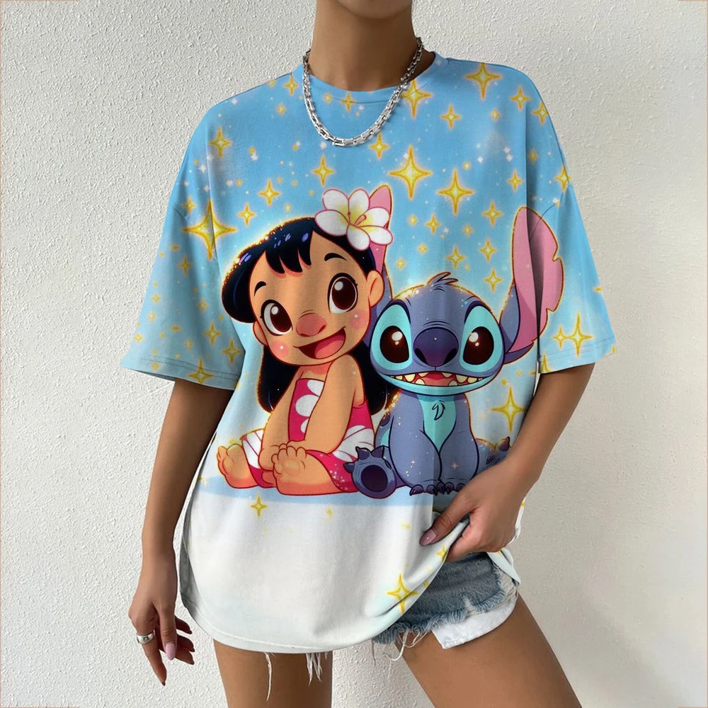 

Disney Y2k Anime Harajuku T-shirt Lilo Stitch Cartoon Shirt Embroidered Cute Cartoon Tshirt Pattern Top T shirt Cloth