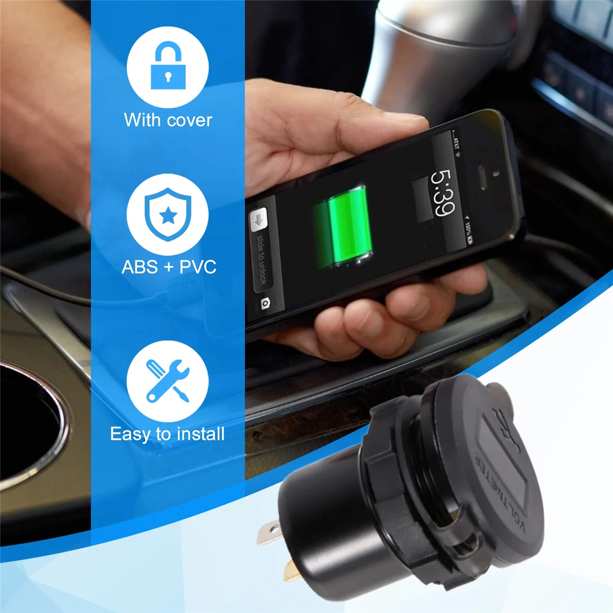 

# 682K QC 3.0 Автомобильное зарядное устройство с двумя USB-портами для лодки, мотоцикла, грузовика, гольф-кара, черный (черный)