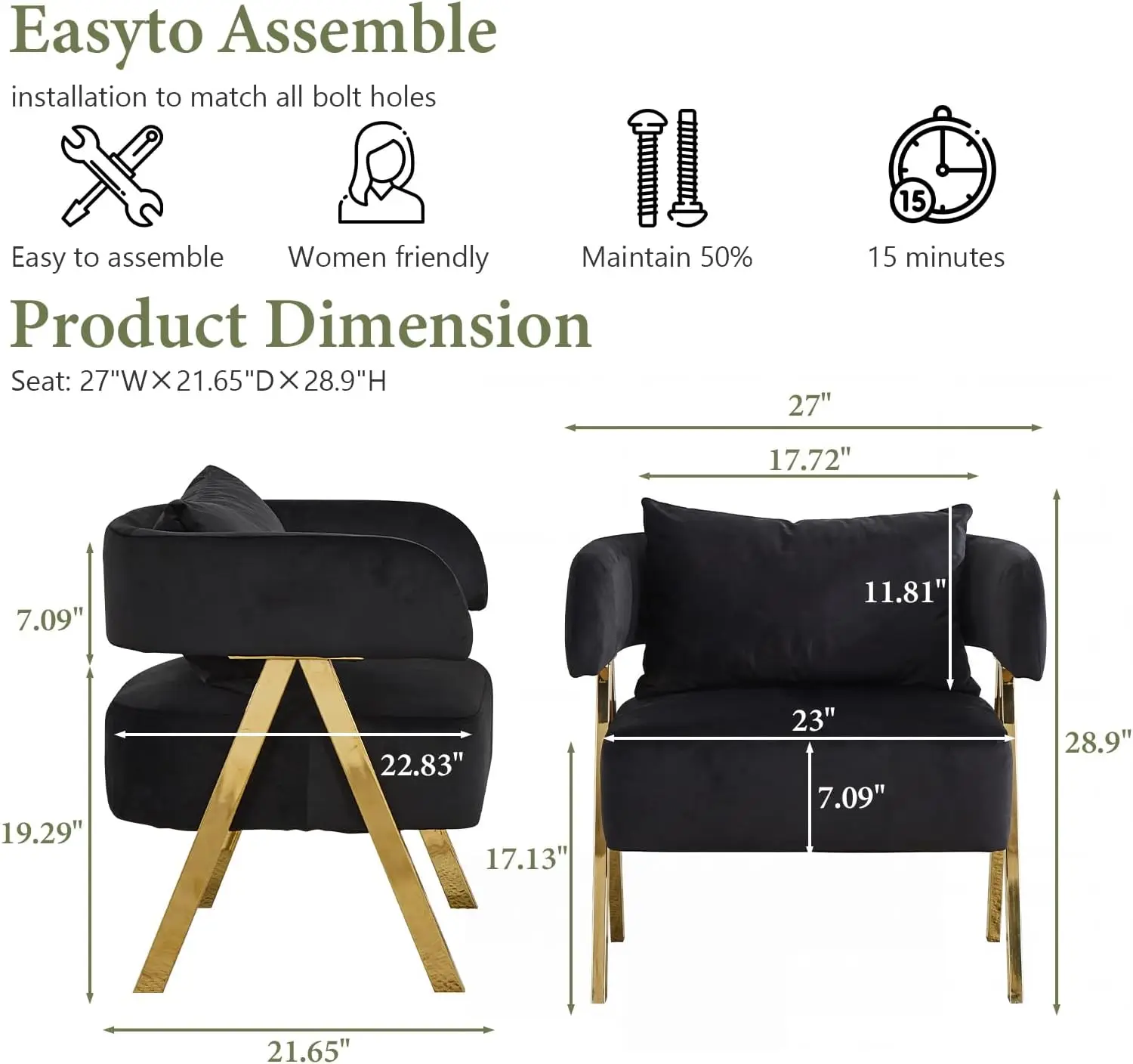 Modern Black and Gold Velvet Accent Chairs, Barrel Armchairs Living Room | Comfy Reading Chairs, Living Room and Bedroom