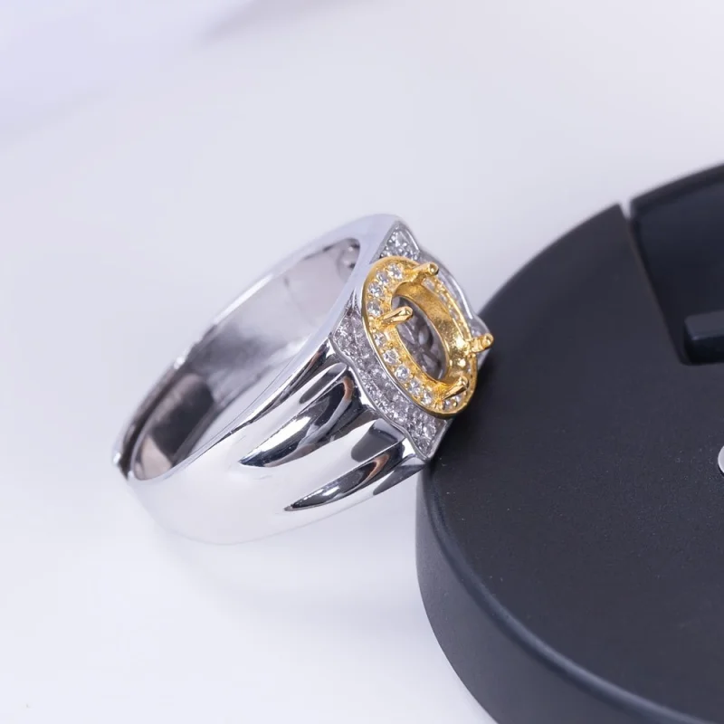 6*8mm minimalist men's ring setting, s925 sterling silver dual-color ring base, closed bottom hollow design,