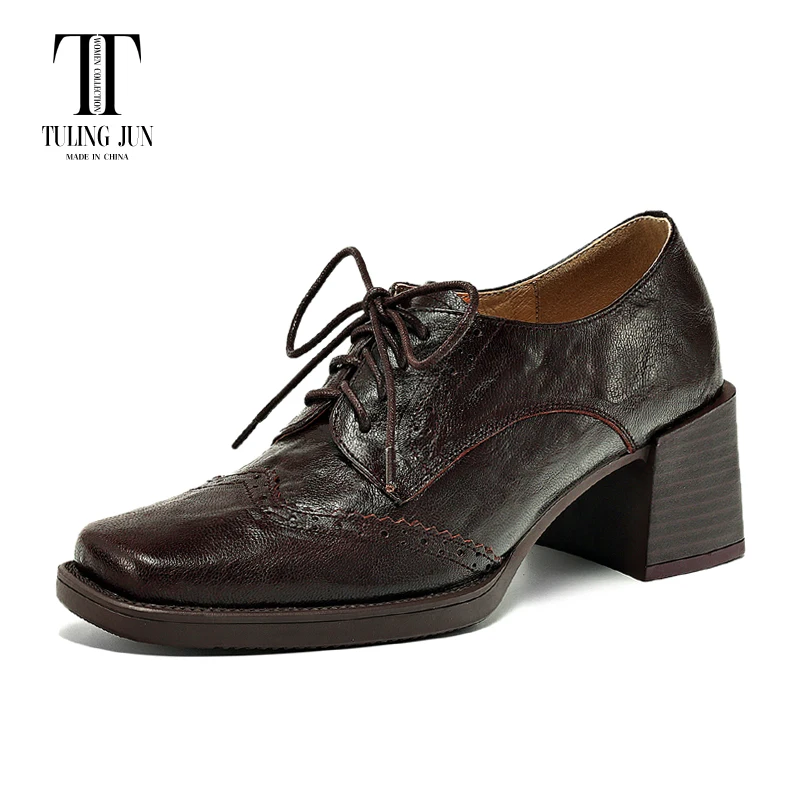 

TULING JUN 2024 Spring Autumn Retro Female Solid Color Pumps Square Toe High Heels Casual Lace-up Single Shoe For Woman T-A926