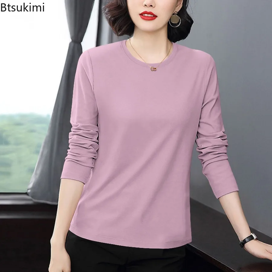 New Women Spring Autumn Round Neck Long Sleeve T Shirt Loose Solid Basic Top Soft Smooth Casual Daily Bottoming Tee for Ladies