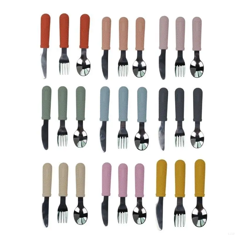 L5YF مقبض سيليكون للأطفال الصغار مع مجموعة شوكة وملعقة وأدوات مائدة من الفولاذ المقاوم للصدأ