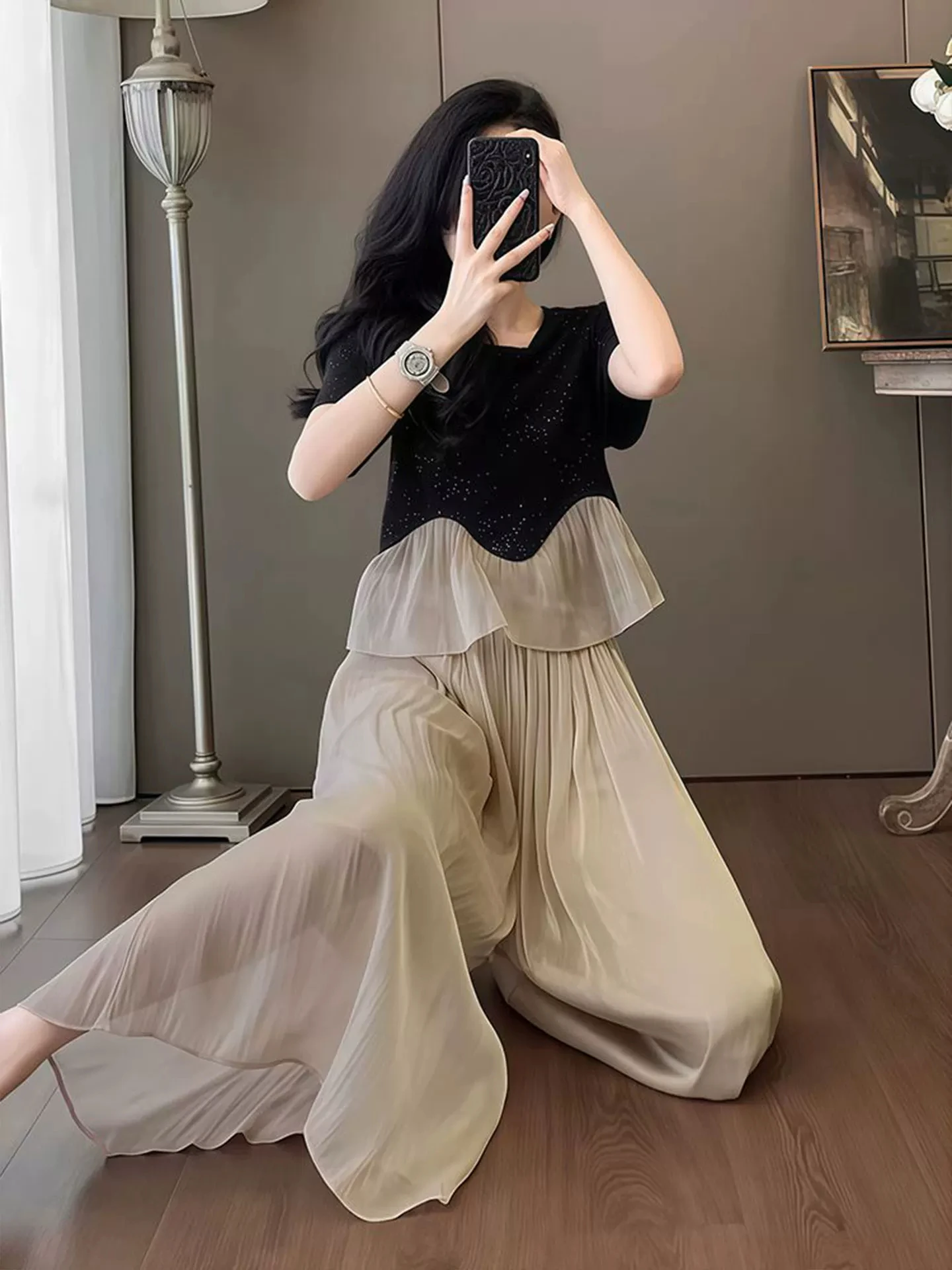 Summer New Fashionable Short Sleeve T-Shirt Top Women's Wide Leg Pants Skirt Two Piece Set Anti-Wrinkle Light Weight Casual Wear