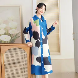 Miyake Pleated Resort Style Dress Mom Autumn Women 2024 New Printed Loose Large Size Lapel Single Breasted Cardigan Shirt Dress