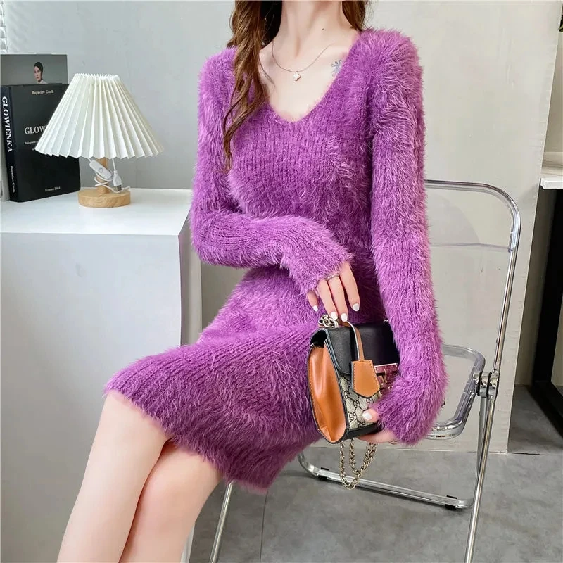 Imitation Mink Sweater Dress Women's Outside Wear Autumn Winter New Thicke Slim Knitt Sweater Dress Mid-Length V-Neck Base Shirt