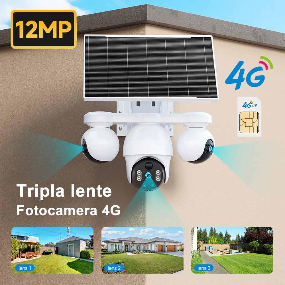 Telecamera di Sorveglianza V380 Pro 4G LTE Off-Grid Solare con Tripla Lente, PTZ per Esterni, Tracciamento Automatico, 8MP, Schermo Triplo, Resistente
