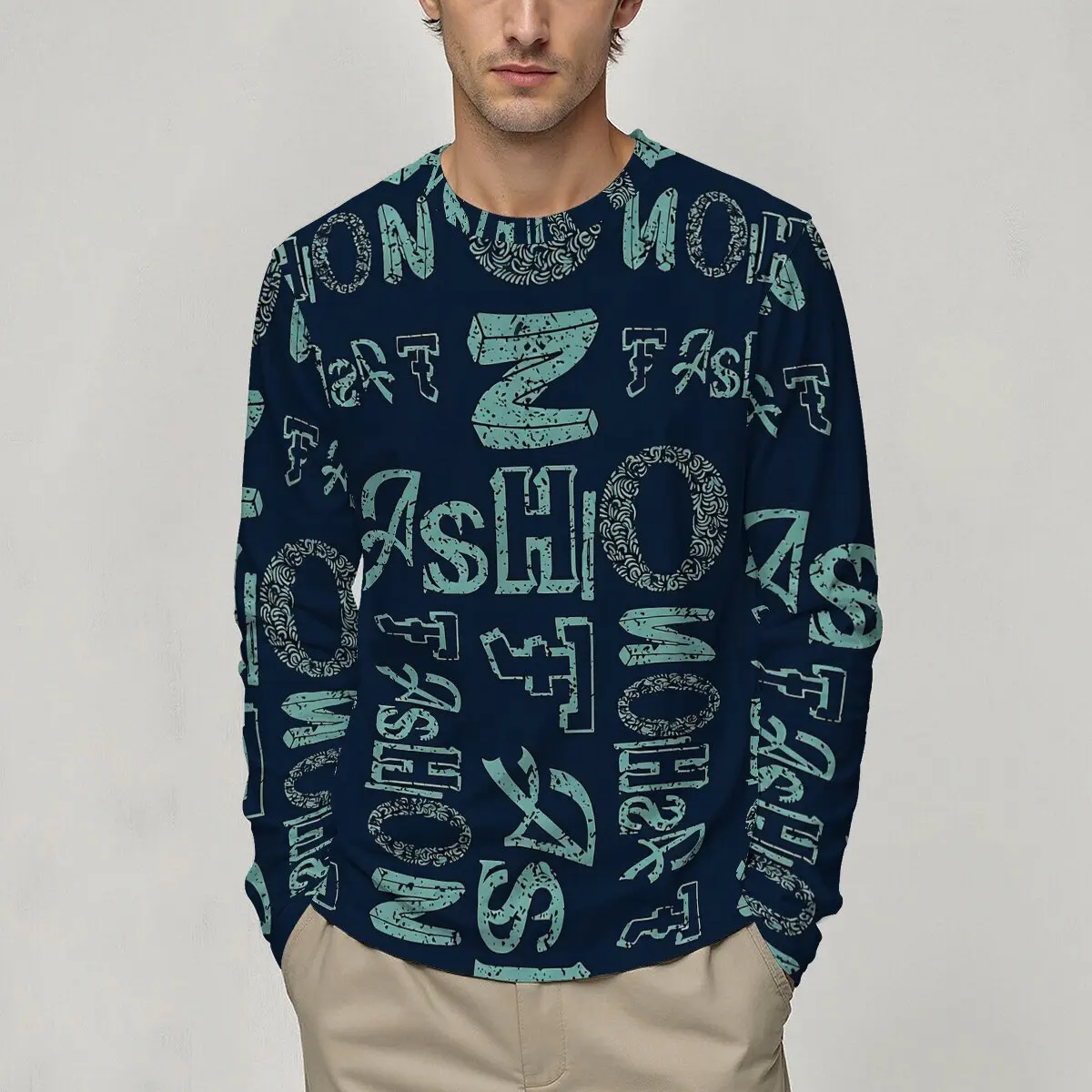 

Мужская осенне-зимняя футболка с длинным рукавом и принтом Креативный дизайн с буквами, идеально подходит для уличных встреч, повседневного отдыха и модного отдыха.