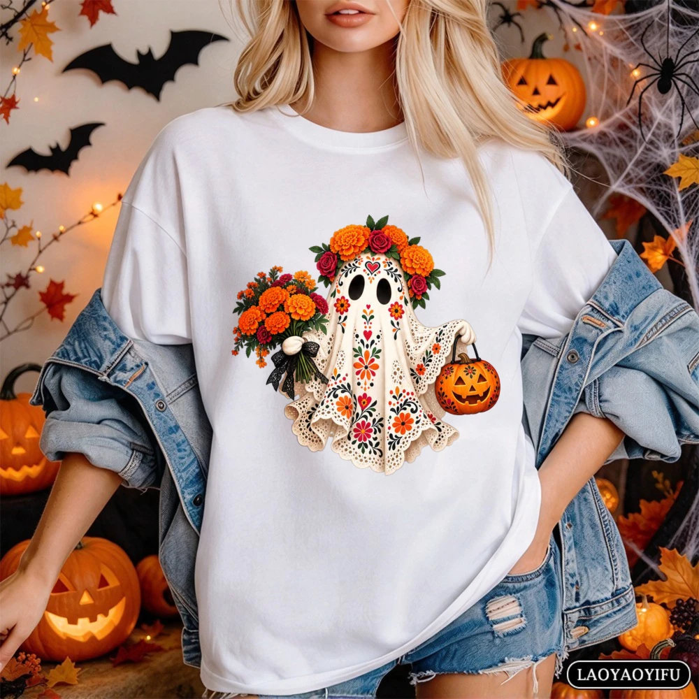 Lace Ghost Shirt Mexican Halloween Dia De Los Muertos Tee Marigold Floral Spooky Shirt Funny Festival Graphic Short-sleeve Tops