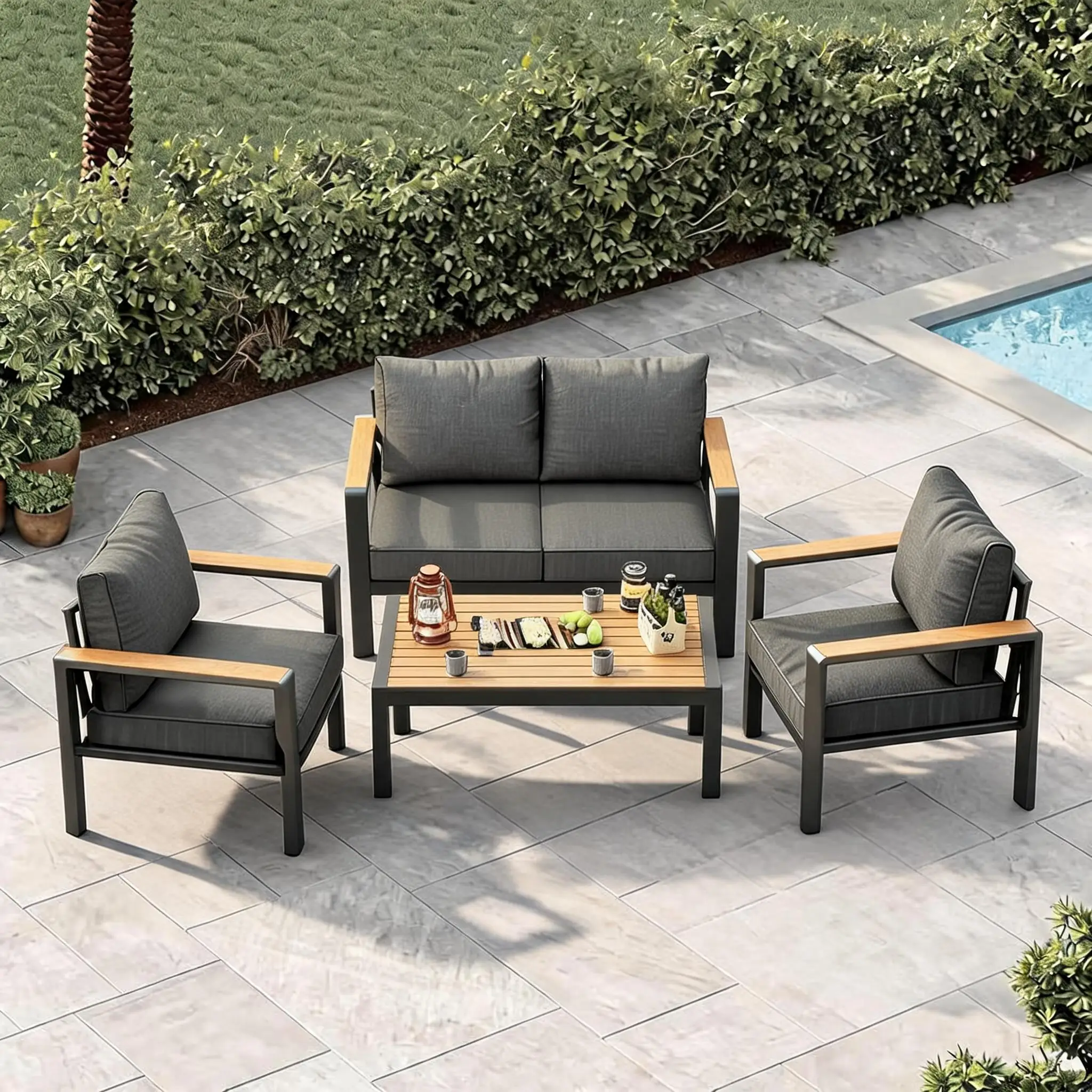 4-Piece Aluminum Patio Sectional Sofa Set with Coffee Table, Modular Outdoor Conversation Seating, Washable Thick Olefin Cushions, Rust & UV Resistant, Dark Gray Frame for Backyard Lawn Poolside