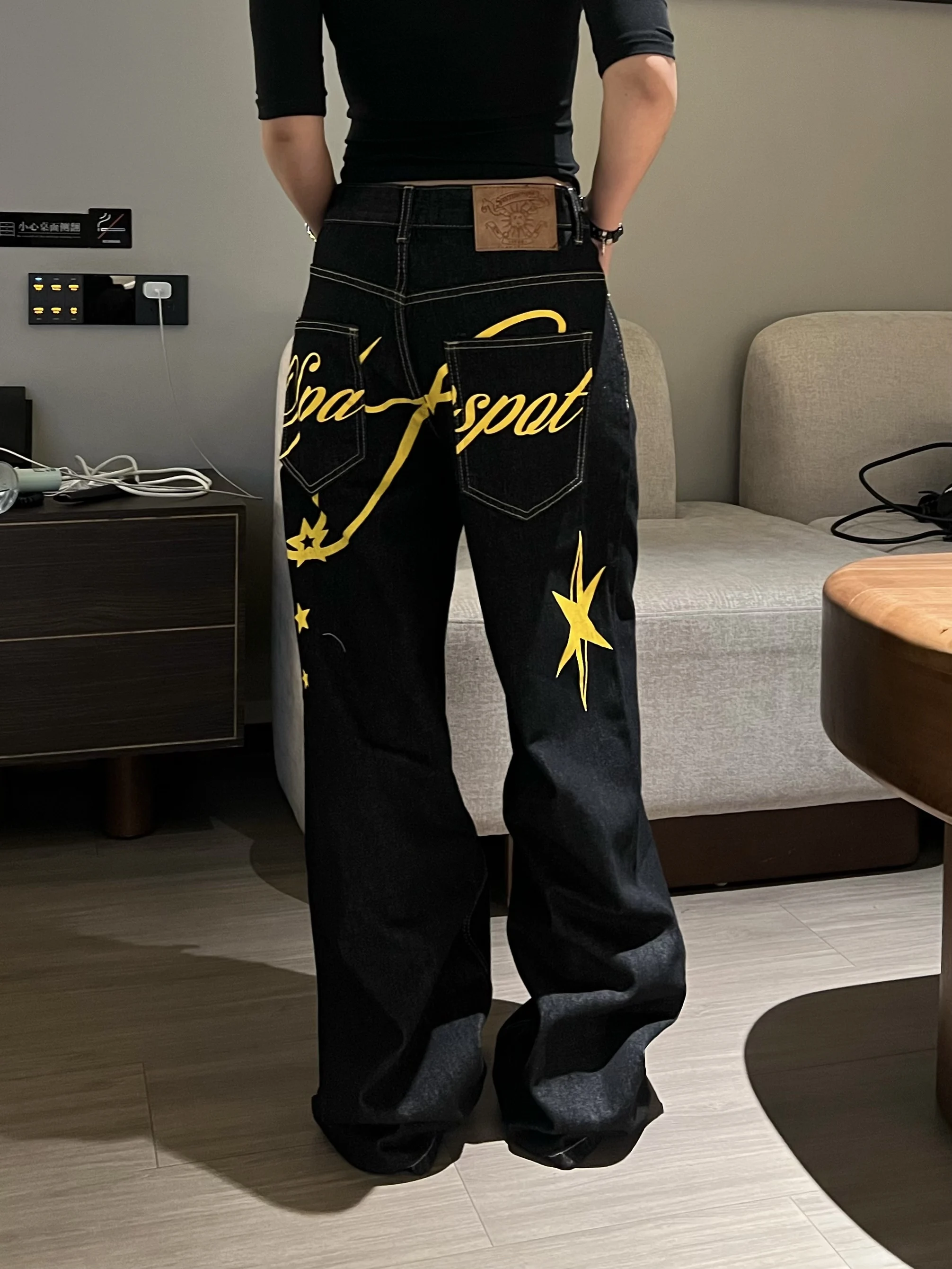 

Retro American Letter Print Straight Leg Jeans Women's Spring Autumn Street Loose Wide Leg Long Pants Men's Casual Wear