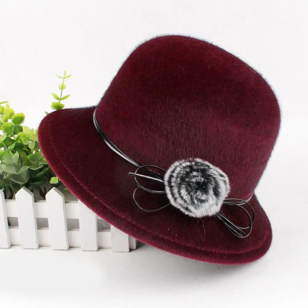 Sombrero Fedora elegante para mujer, sombrero de fieltro con lazo y pompón Vintage, gorro de fieltro de lana de imitación para invierno y otoño, sombrero de Iglesia de Panamá