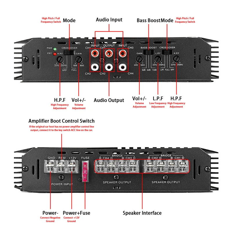 Amplificateur de son universel haute puissance pour voiture, caisson de basses, amplificateurs audio professionnels, haut-parleurs, 4 canaux, 4 voies, 12V, 6800W