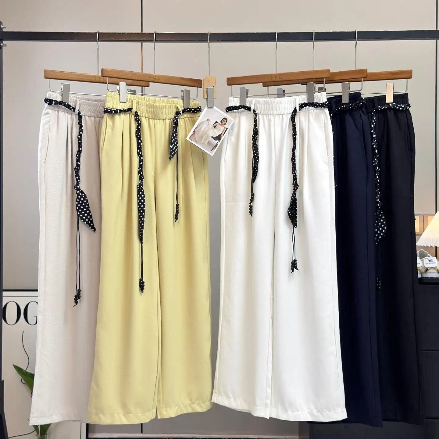 

Casual High Waist Wide Leg Pants Polka Dot Silk Scarf Elastic Waist Loose Fit Straight Cut Polyester Fiber Ladies Trousers