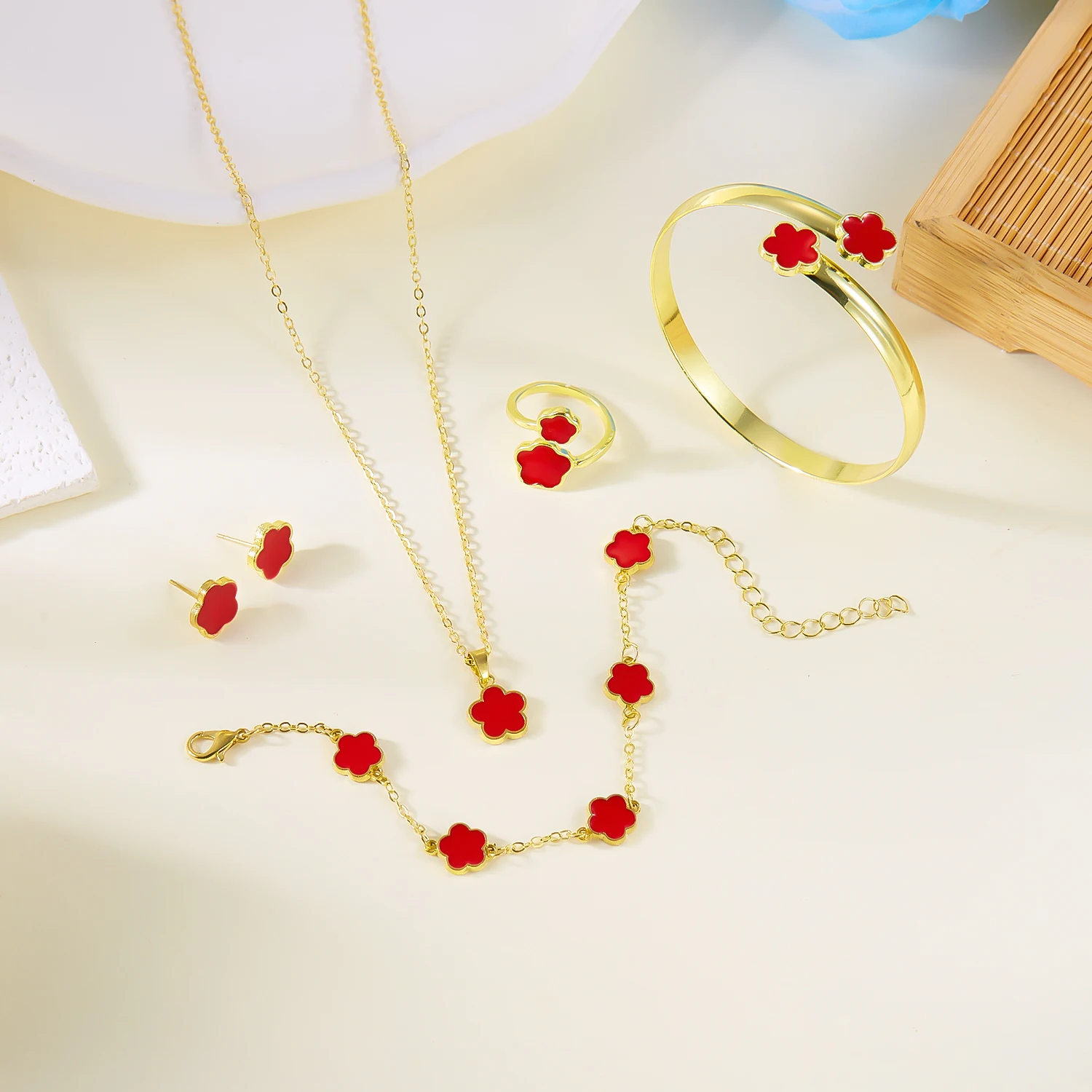 5 PCS Five Leaf Flower Combination Jewelry Set For Women Good Luck Earrings Ring Necklace Bracelet Bangle Daily Party Jewelry