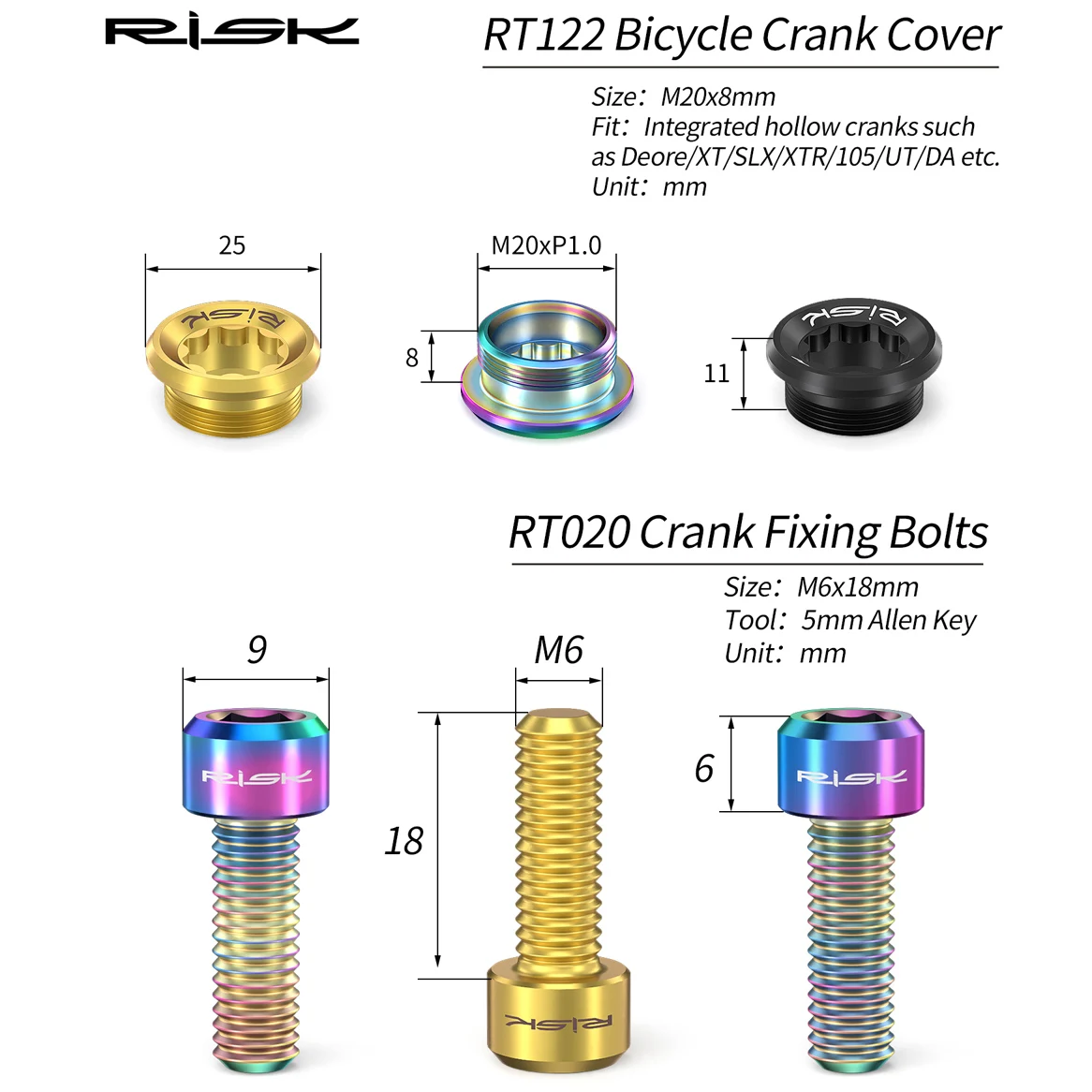 Risk Titanium Alloy Crank Arm Cover, M20*8mm Bike Chainwheel BB Crank Arm Bolts, Fit XT/XTR/SLX/Deore 105/UT/DA Crankset, Screws