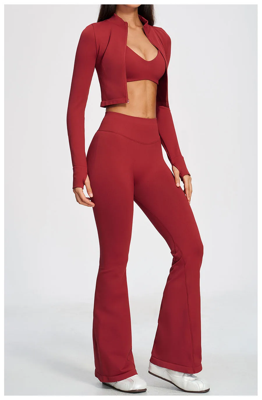 Damen-Trainingsanzug 3-teilig, Yoga-Anzug, nahtloses Sportset, ausgestellte Leggings, Fitness- und Laufoutfit, langärmelige Sportjacke, Yoga-Bekleidung – Detail 9