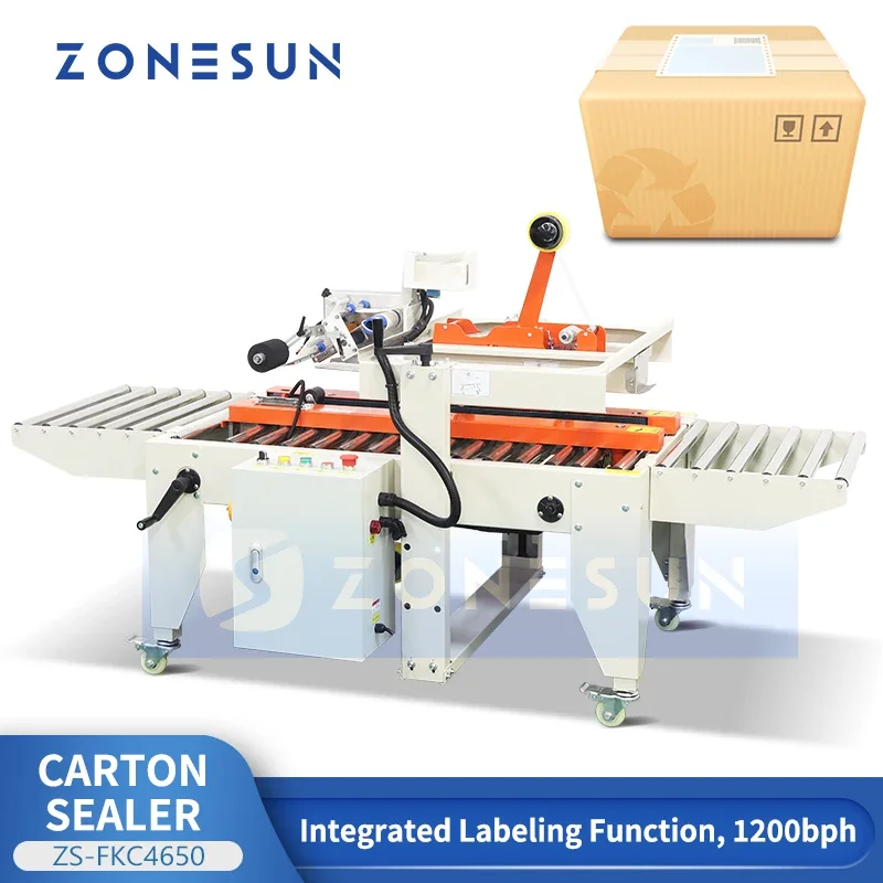 ZONESUN Automatic Carton Sealer Integrated Labeling Machine Express Parcel Sealing Product Packaging Equipment ZS-FKC4650