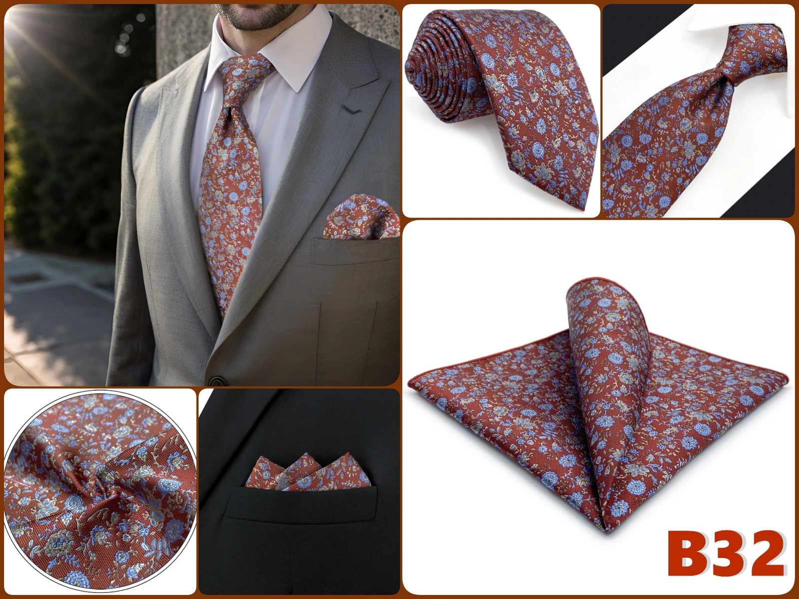 Braunes Herren-Krawatten-Einstecktuch-Set, klassisches Krawatten-Einstecktuch-Set, Business-Formal, Khaki, 147 cm, Dropshipping, Vintage – Detail 23