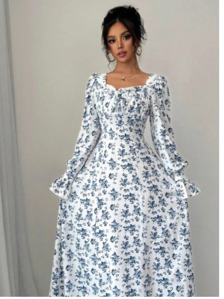 

Temperament Dress Sweet Vestidos Elegant Dresses 2025 Woman Vestido Bohemia Flared Sleeves Printing Floral Print Simple Style