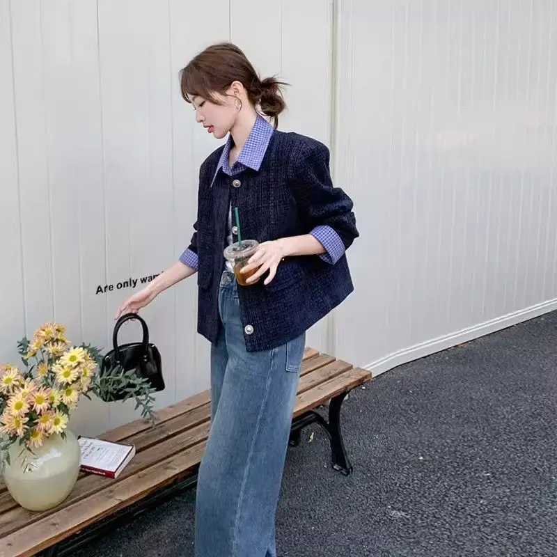 

Tweed Jackets Woman Petite Womens Fall American Style Varsity Patches Embroidered Baseball-Uniform College Campus Students Daily