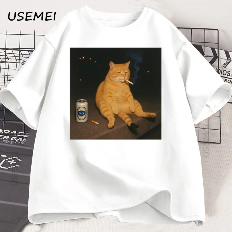 

Retro Funny Smoking Cat Meme T-Shirt Cigarette Cat Tee Stupid Funny Kitty Cat Printed Tshirt Harajuku Streetwear Clothes Tops