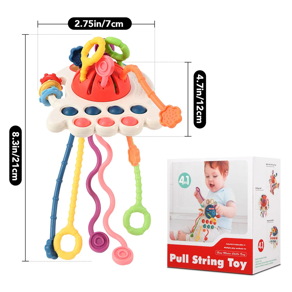 Montessori Pull Rope Toys Baby Silicone Pull String Teether Sensory Toys UFO Grip Training Motor Skill Educational Toys For Kids