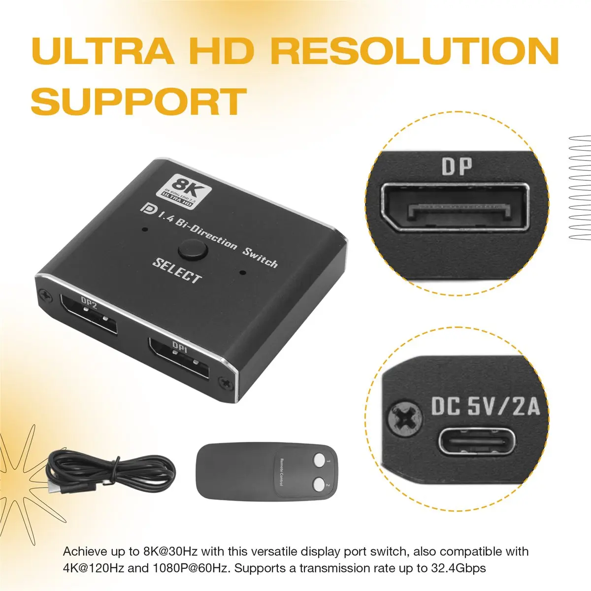 belong 8K DisplayPort Switch 2 in 1 Out/ 1 in 2 Out Display Port DP Switch Supports 8K30Hz 4K120Hz for PC Monitor Laptop Etc