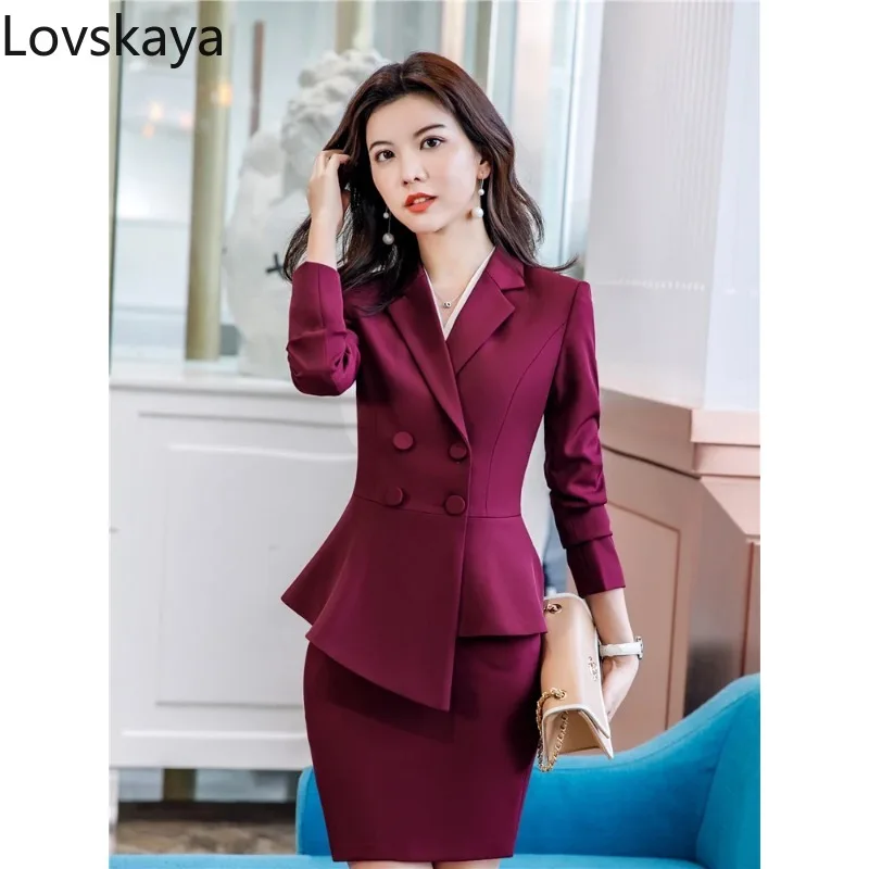 Women\'s Elegant Office Work Suit, Double Row Buttons Blazer, Monochromatic, Slim, Red, New