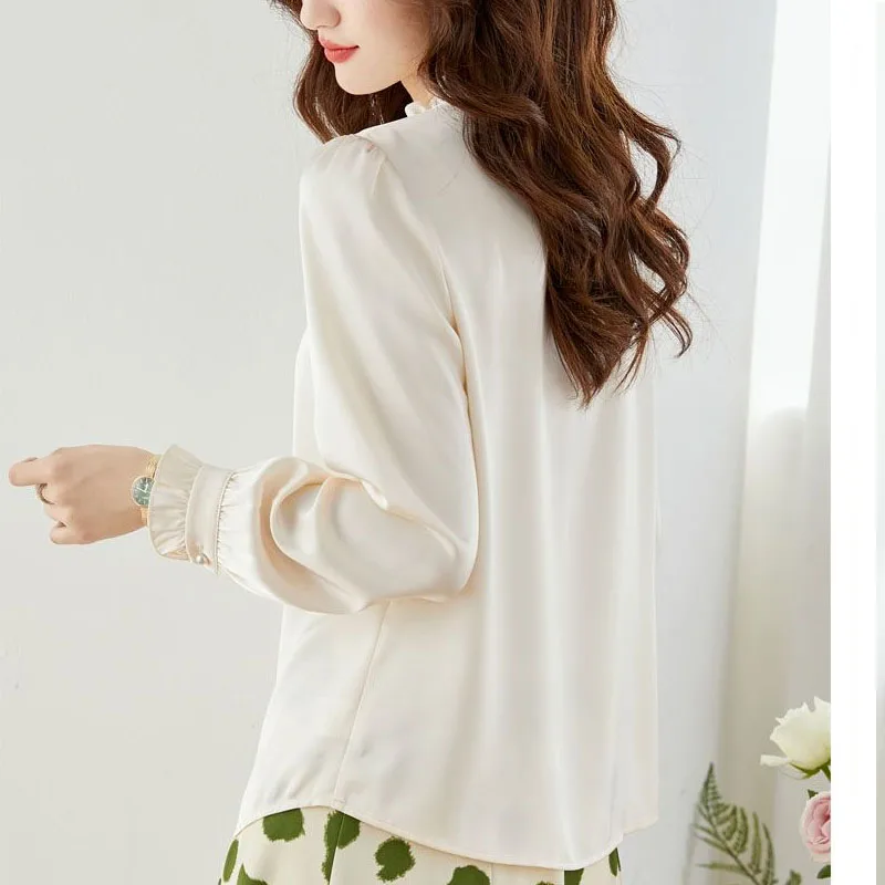 2023 Spring New Long Sleeve Female Clothing Round Neck Pullovers Fashion Tops Pleated Elegant Solid Color Chiffon Shirt