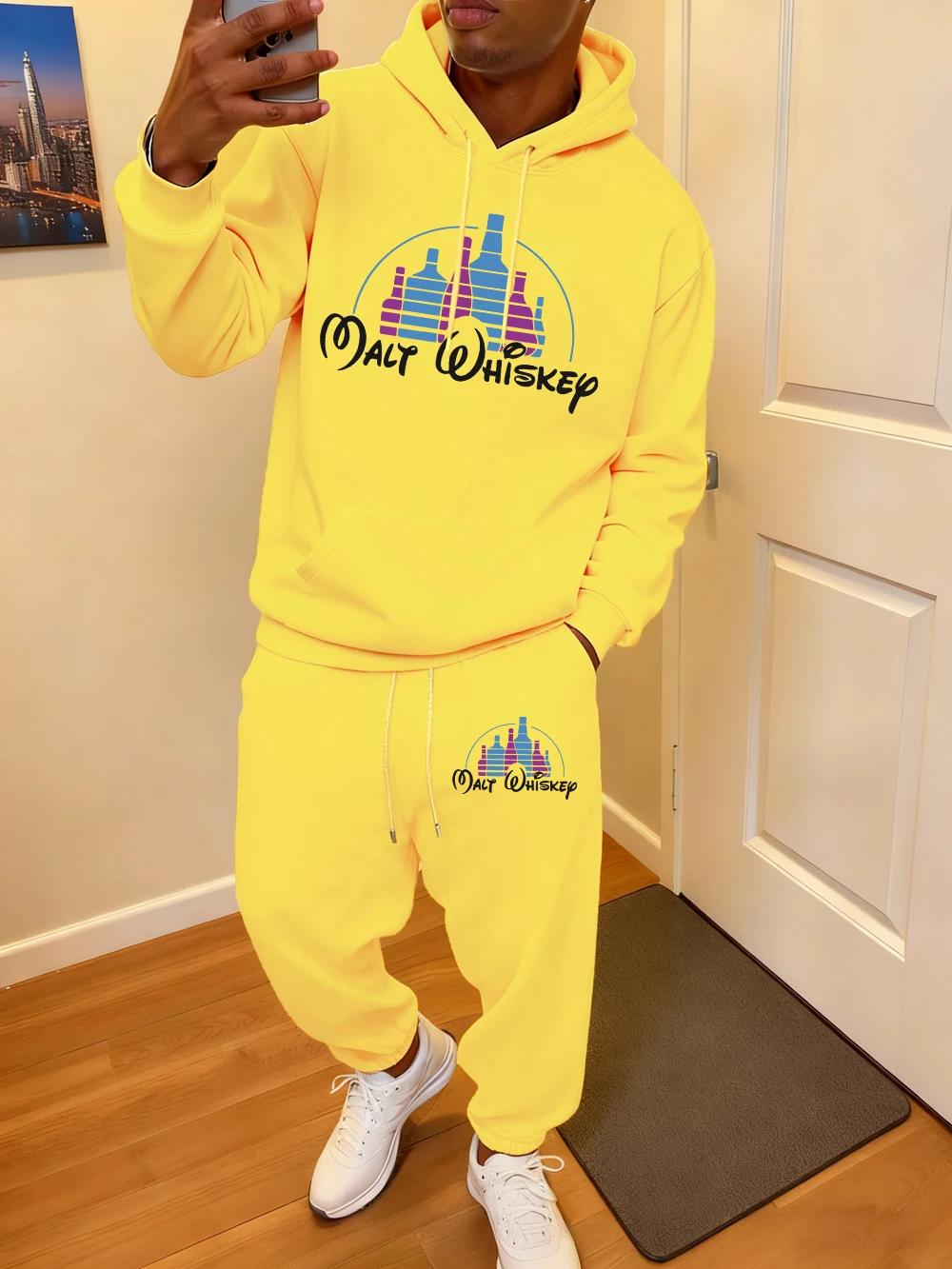 2 قطعة هوديس مجموعة رجالي الإبداعية البيرة مضحك يطبع Sweatpants الشتاء فضفاض الصوف الدافئة هودي سراويل للجري ملابس رياضية جيب