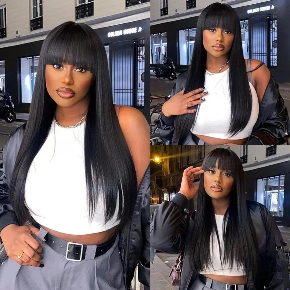 Bone Straight Human Hair wig With Bangs For Women 3x1 hd lace wigs 30 inch glueless wigs human hair Black Full Machine Made wigs image 3